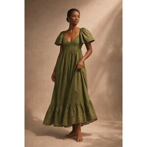 En Saison Barnette Flounced Maxi Eyelet Puff Sleeve Hem Green Cotton Medium
